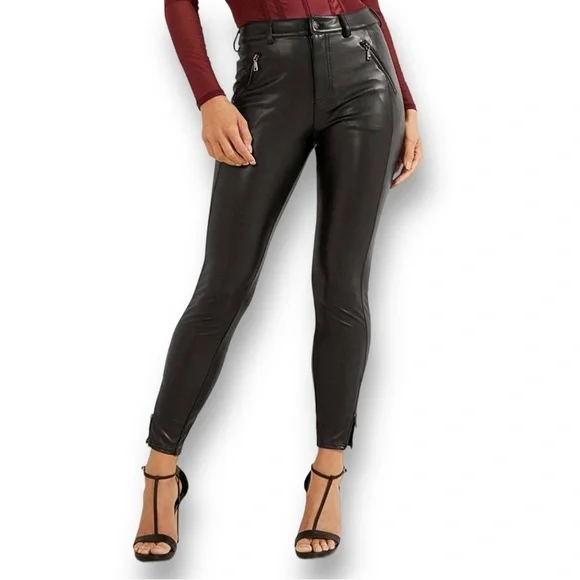 GUESS Women's Soto Faux Leather Skinny Pant Jet Black Sz 0 - Picture 1 of 12